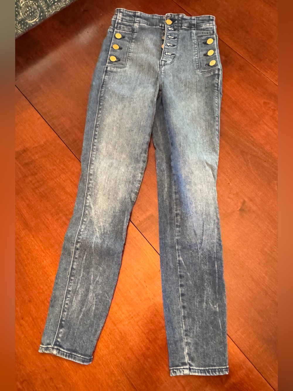 J Brand Natasha High-Rise Button-Front Jeans in Washed Blue with Gold Buttons